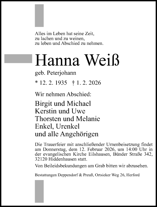 Traueranzeige von Hanna Weiß von Neue Westfälische und Westfalen-Blatt