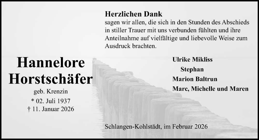  Traueranzeige für Hannelore Schäfer vom 14.02.2026 aus Neue Westfälische und Westfalen-Blatt