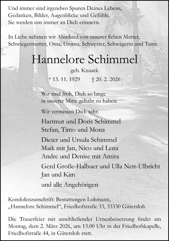 Traueranzeige von Hannelore Schimmel von Neue Westfälische und Westfalen-Blatt
