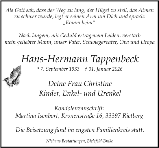 Traueranzeige von Hans-Hermann Tappenbeck von Neue Westfälische und Westfalen-Blatt