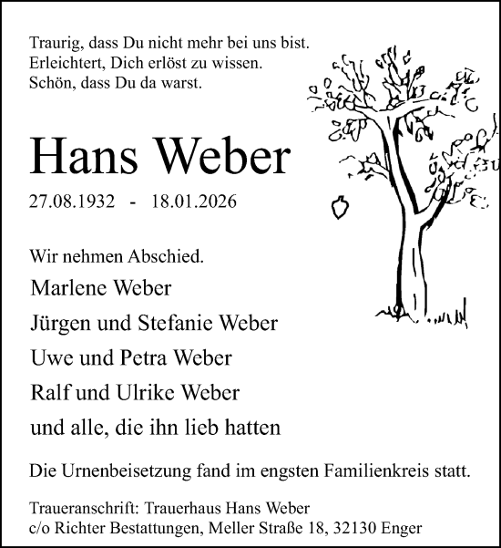 Traueranzeige von Hans Weber von Neue Westfälische und Westfalen-Blatt