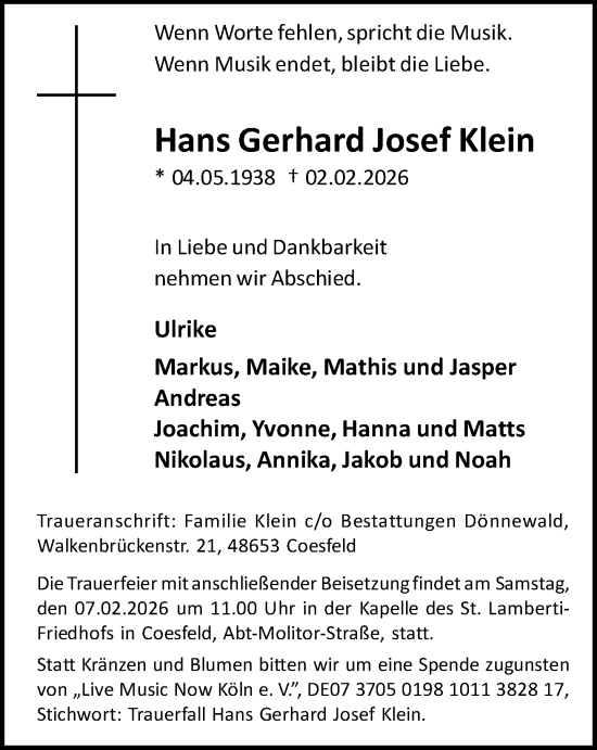 Traueranzeige von Hans Gerhard Josef Klein von Neue Westfälische und Westfalen-Blatt