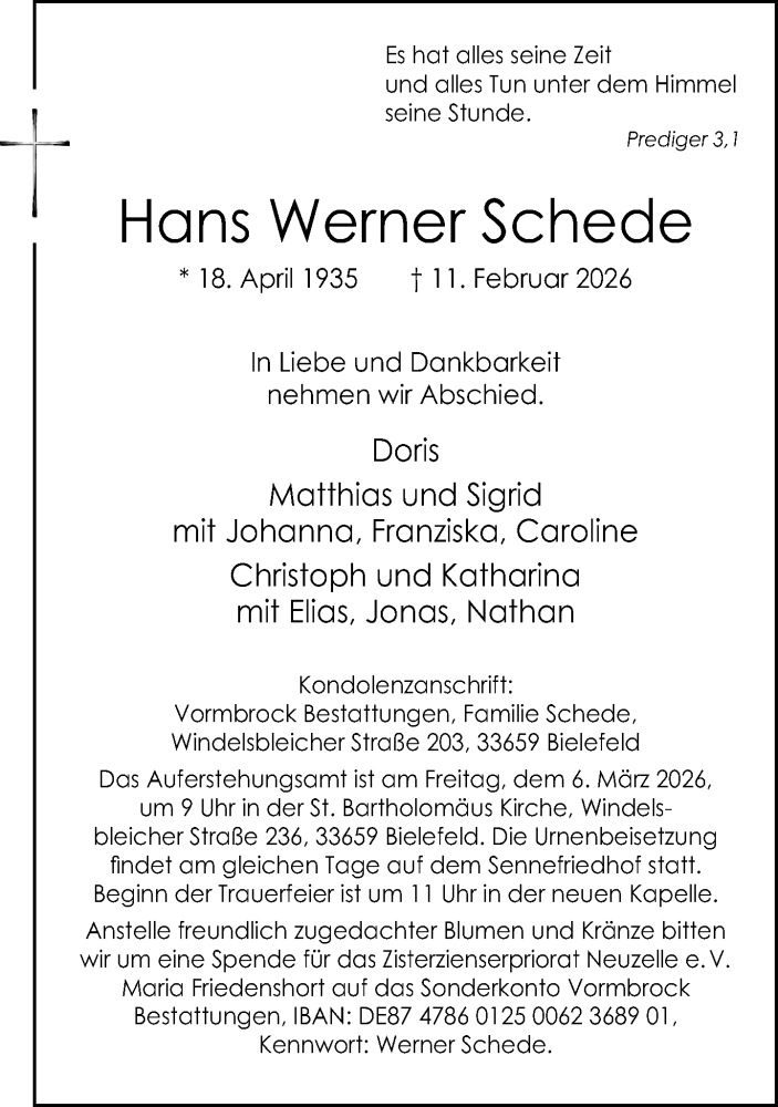  Traueranzeige für Hans Werner Schede vom 21.02.2026 aus Neue Westfälische und Westfalen-Blatt