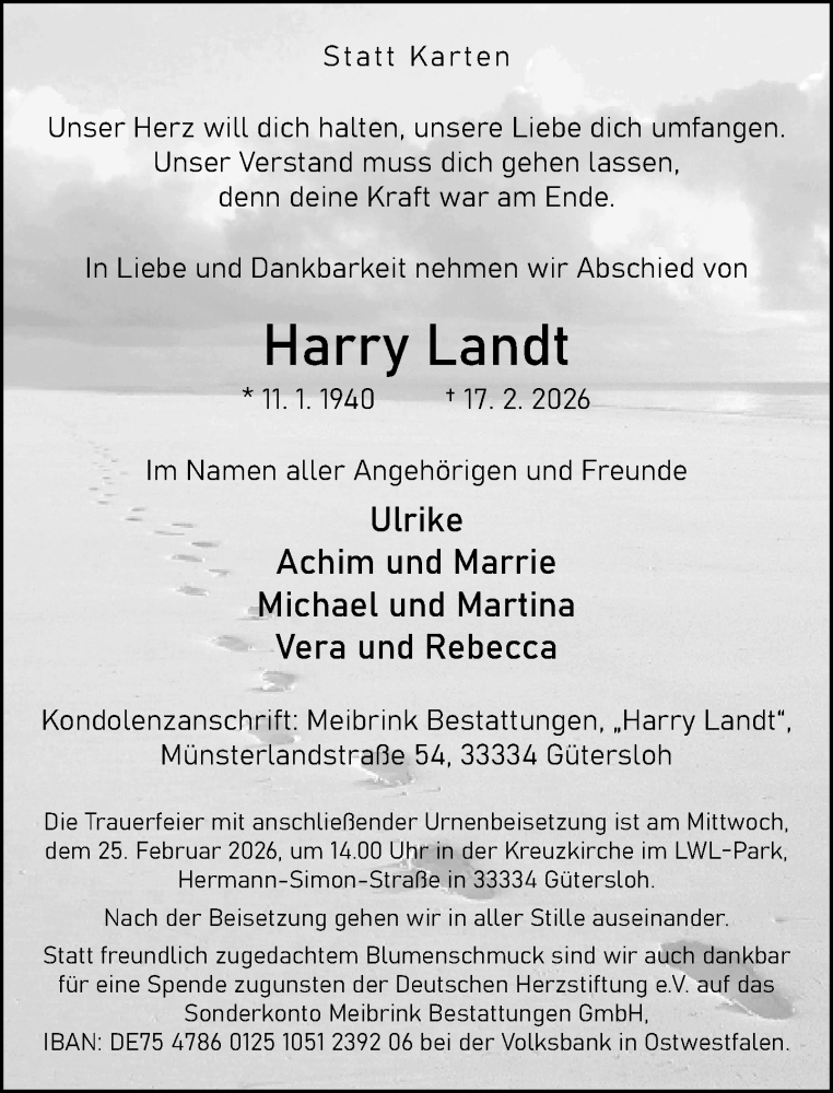  Traueranzeige für Harry Landt vom 21.02.2026 aus Neue Westfälische und Westfalen-Blatt