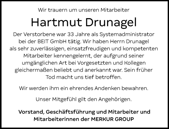 Traueranzeige von Hartmut Drunagel von Neue Westfälische und Westfalen-Blatt