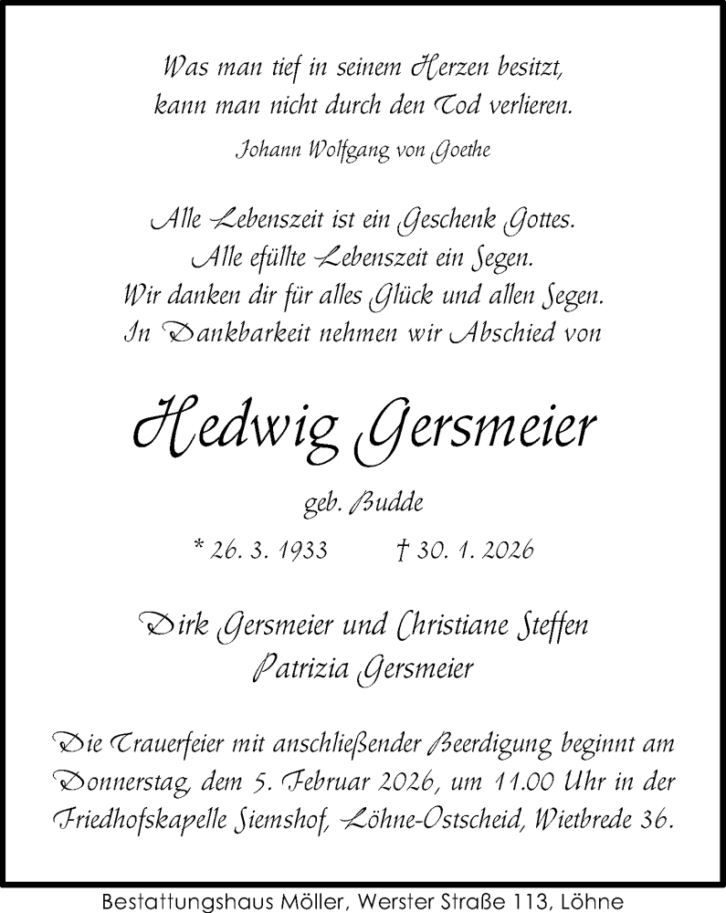  Traueranzeige für Hedwig Gersmeier vom 03.02.2026 aus Neue Westfälische und Westfalen-Blatt