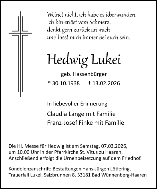 Traueranzeige von Hedwig Lukei von Neue Westfälische und Westfalen-Blatt