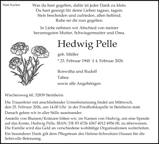 Traueranzeige von Hedwig Pelle von Neue Westfälische und Westfalen-Blatt
