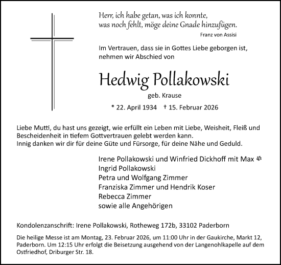 Traueranzeige von Hedwig Pollakowski von Neue Westfälische und Westfalen-Blatt