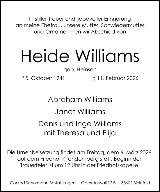 Traueranzeige von Heide Williams von Neue Westfälische und Westfalen-Blatt