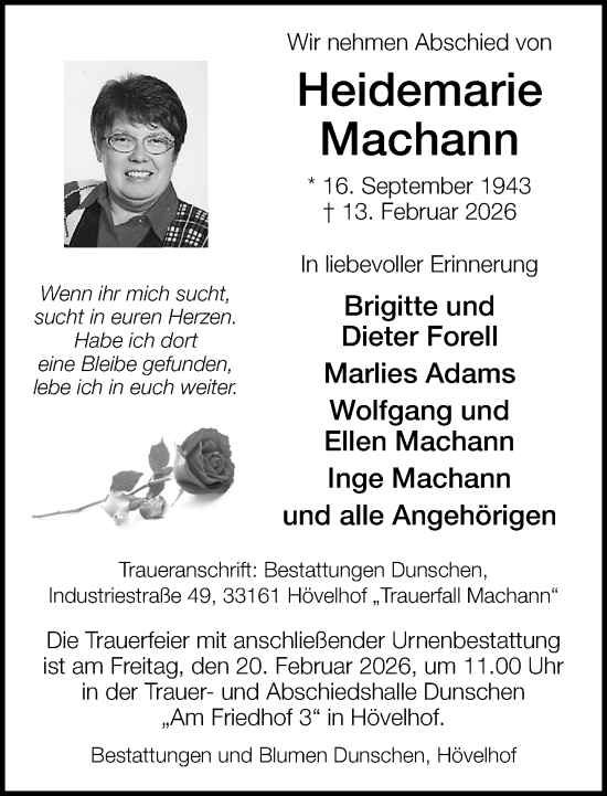 Traueranzeige von Heidemarie Machann von Neue Westfälische und Westfalen-Blatt