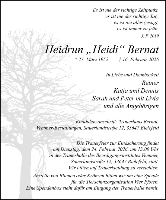 Traueranzeige von Heidrun Bernat von Neue Westfälische und Westfalen-Blatt