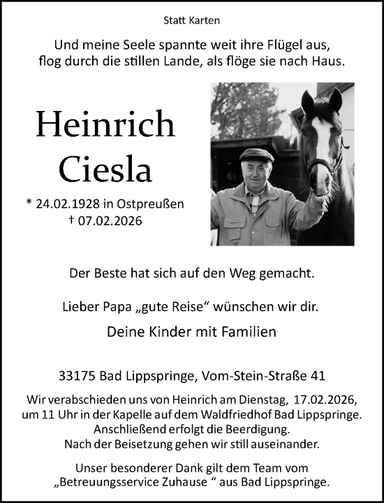 Traueranzeige von Heinrich Ciesla von Neue Westfälische und Westfalen-Blatt