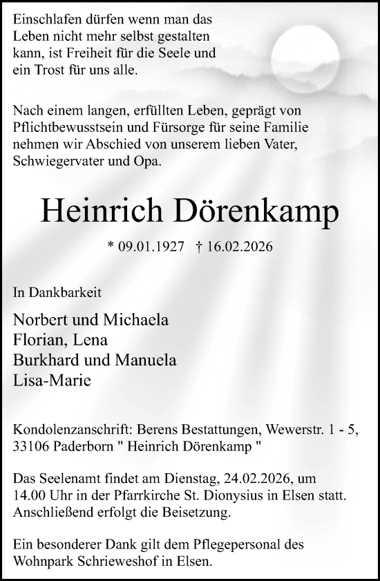 Traueranzeige von Heinrich Dörenkamp von Neue Westfälische und Westfalen-Blatt
