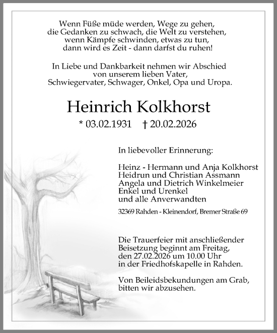 Traueranzeige von Heinrich Kolkhorst von Neue Westfälische und Westfalen-Blatt
