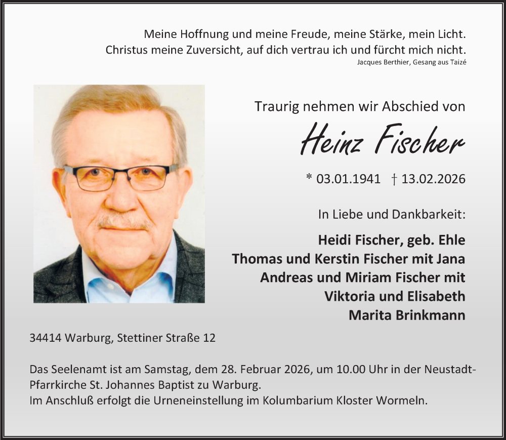  Traueranzeige für Heinz Fischer vom 21.02.2026 aus Neue Westfälische und Westfalen-Blatt