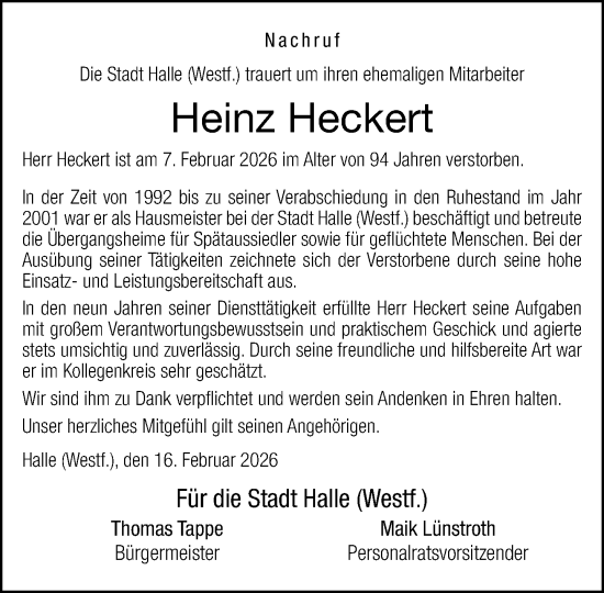 Traueranzeige von Heinz Heckert von Neue Westfälische und Westfalen-Blatt