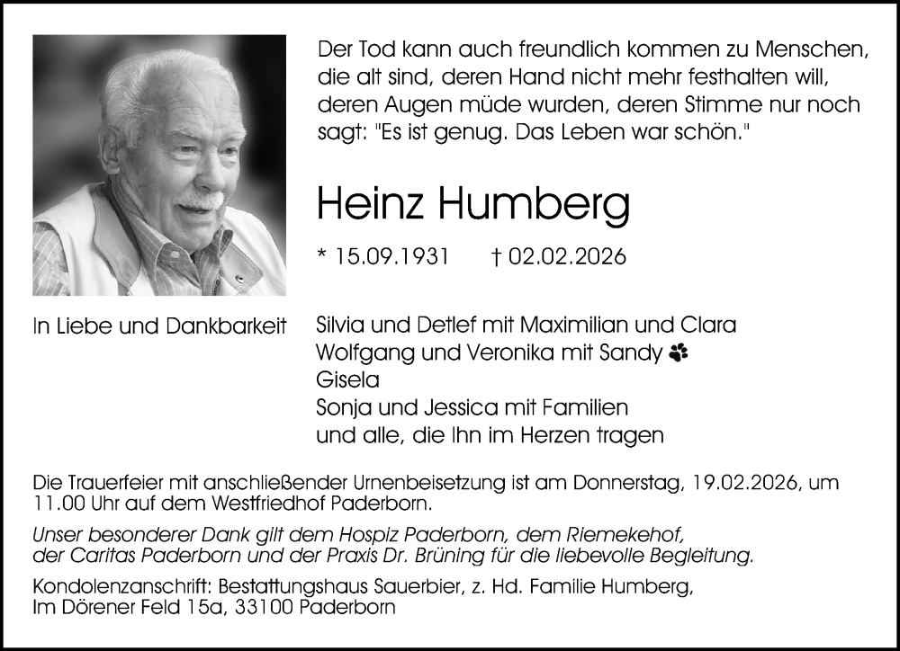  Traueranzeige für Heinz Humberg vom 07.02.2026 aus Neue Westfälische und Westfalen-Blatt