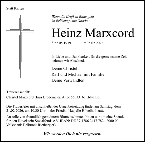 Traueranzeige von Heinz Marxcord von Neue Westfälische und Westfalen-Blatt