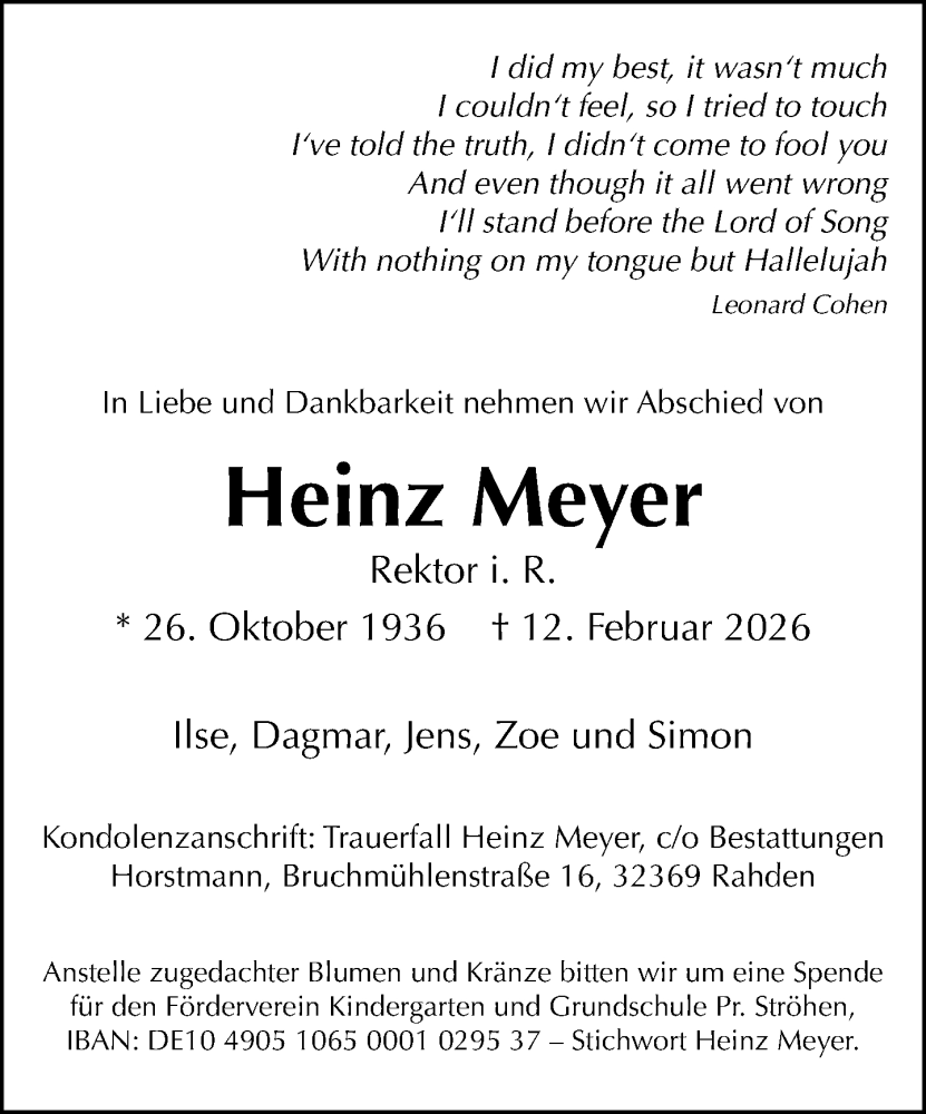  Traueranzeige für Heinz Meyer vom 24.02.2026 aus Neue Westfälische und Westfalen-Blatt