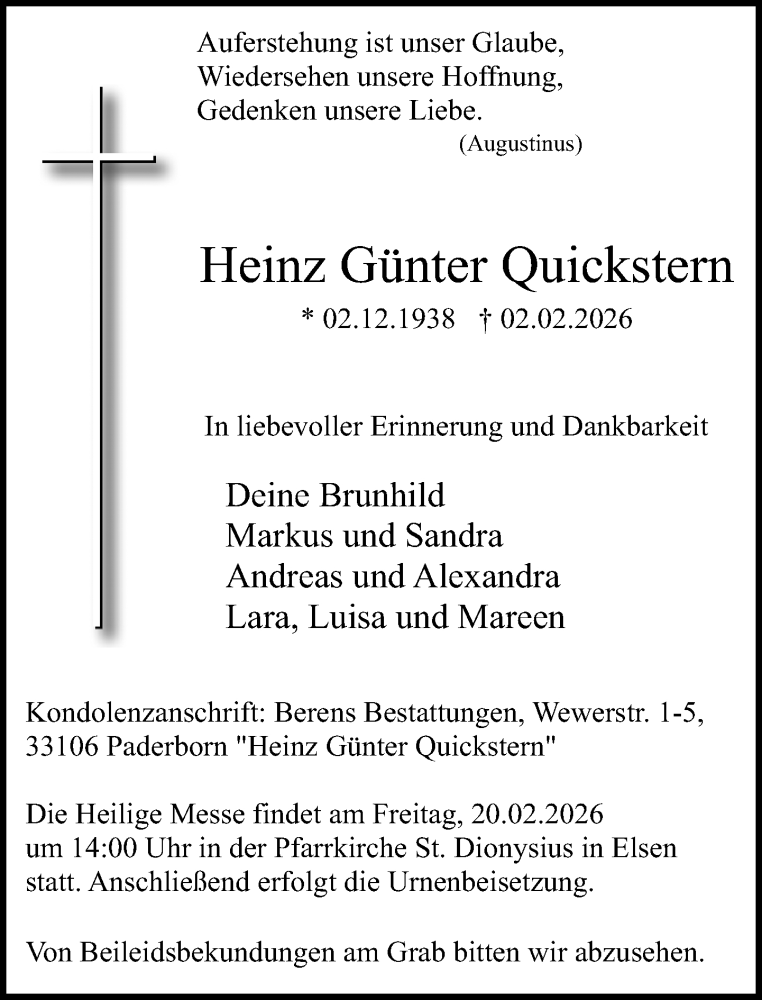  Traueranzeige für Heinz Günter Quickstern vom 14.02.2026 aus Neue Westfälische und Westfalen-Blatt