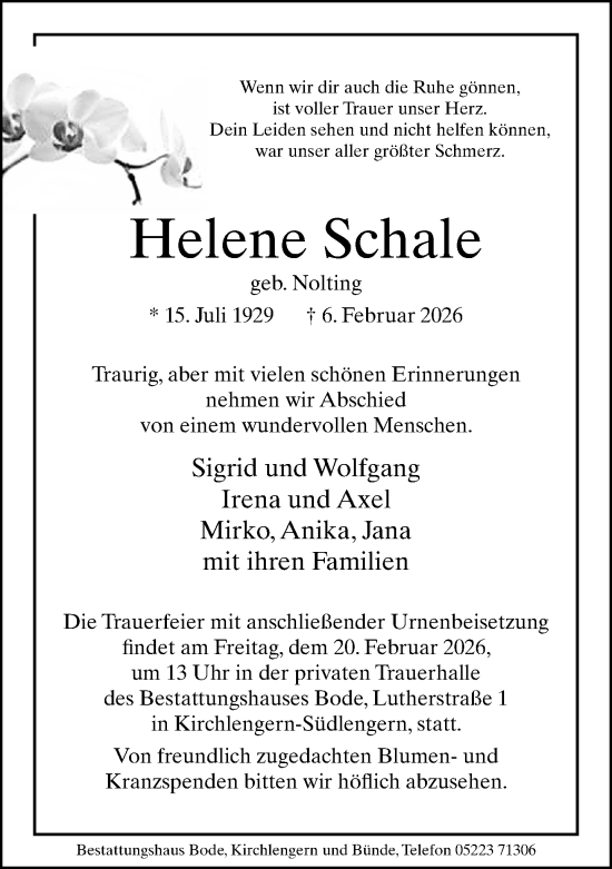 Traueranzeige von Helene Schale von Neue Westfälische und Westfalen-Blatt