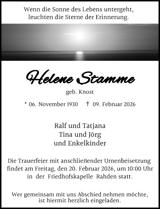 Traueranzeige von Helene Stamme von Neue Westfälische und Westfalen-Blatt