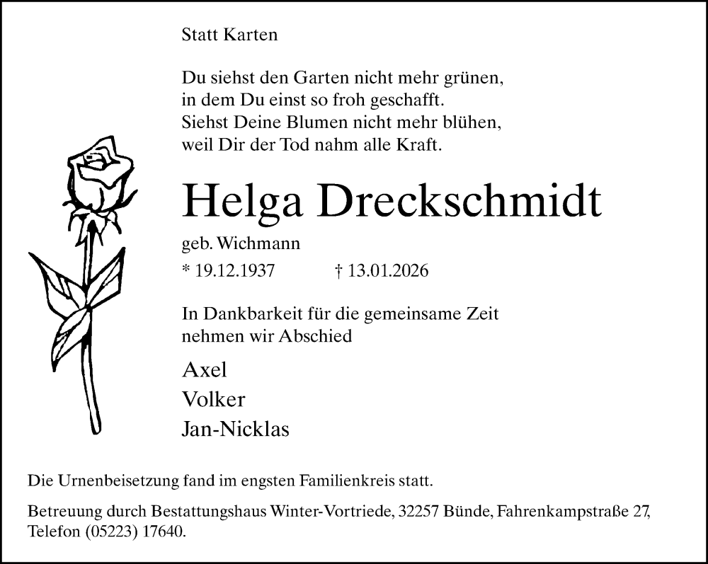  Traueranzeige für Helga Dreckschmidt vom 07.02.2026 aus Neue Westfälische und Westfalen-Blatt