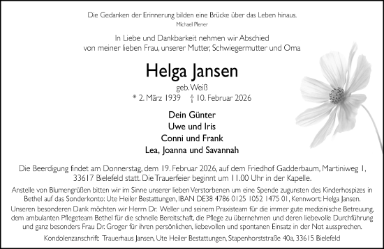 Traueranzeige von Helga Jansen von Neue Westfälische und Westfalen-Blatt