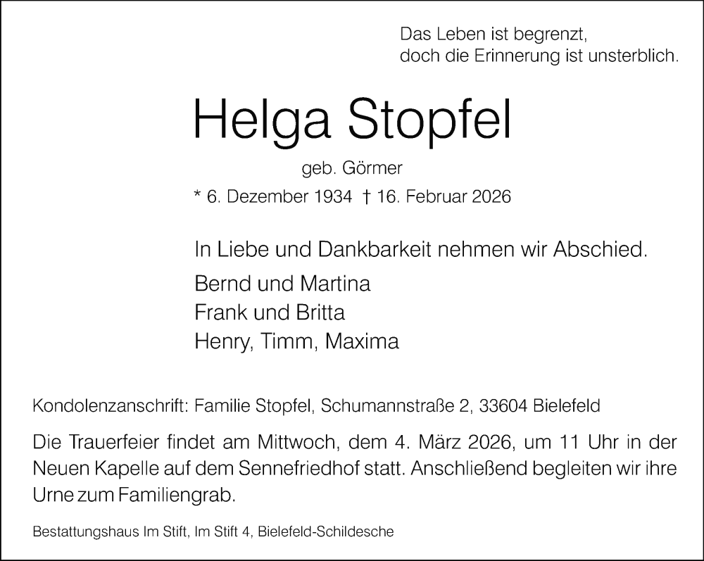  Traueranzeige für Helga Stopfel vom 21.02.2026 aus Neue Westfälische und Westfalen-Blatt