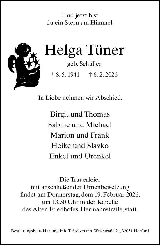 Traueranzeige von Helga Tüner von Neue Westfälische und Westfalen-Blatt