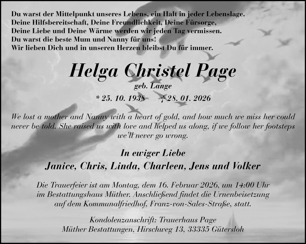  Traueranzeige für Helga Christel Page vom 07.02.2026 aus Neue Westfälische und Westfalen-Blatt