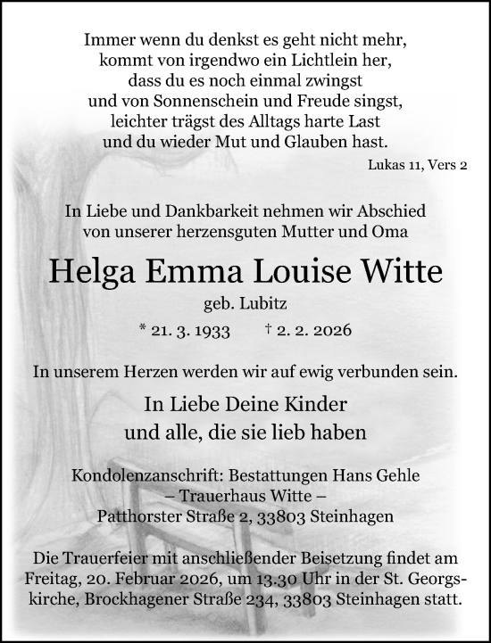 Traueranzeige von Helga Emma Louise Witte von Neue Westfälische und Westfalen-Blatt