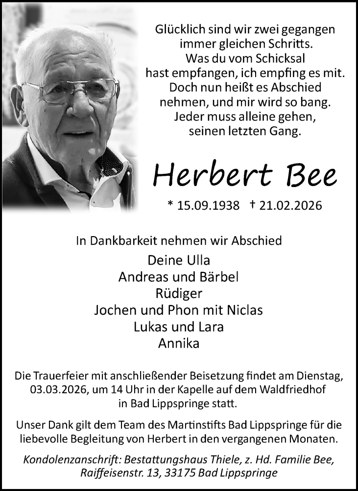  Traueranzeige für Herbert Bee vom 25.02.2026 aus Neue Westfälische und Westfalen-Blatt
