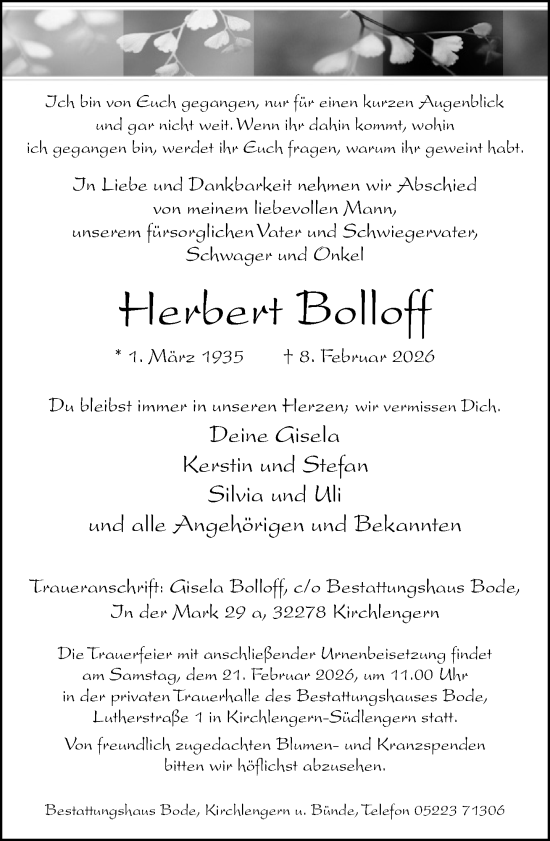 Traueranzeige von Herbert Bolloff von Neue Westfälische und Westfalen-Blatt