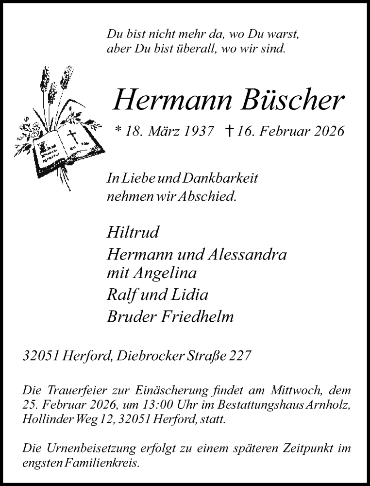  Traueranzeige für Hermann Büscher vom 21.02.2026 aus Neue Westfälische und Westfalen-Blatt