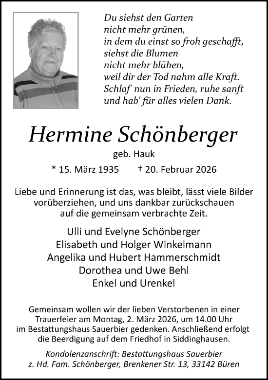 Traueranzeige von Hermine Schönberger von Neue Westfälische und Westfalen-Blatt