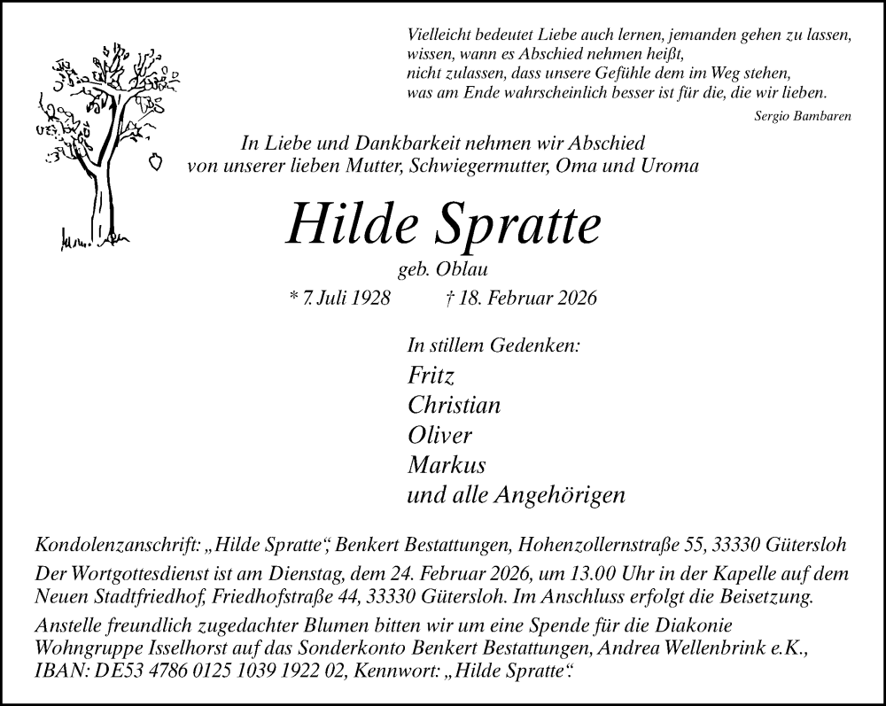  Traueranzeige für Hilde Spratte vom 21.02.2026 aus Neue Westfälische und Westfalen-Blatt