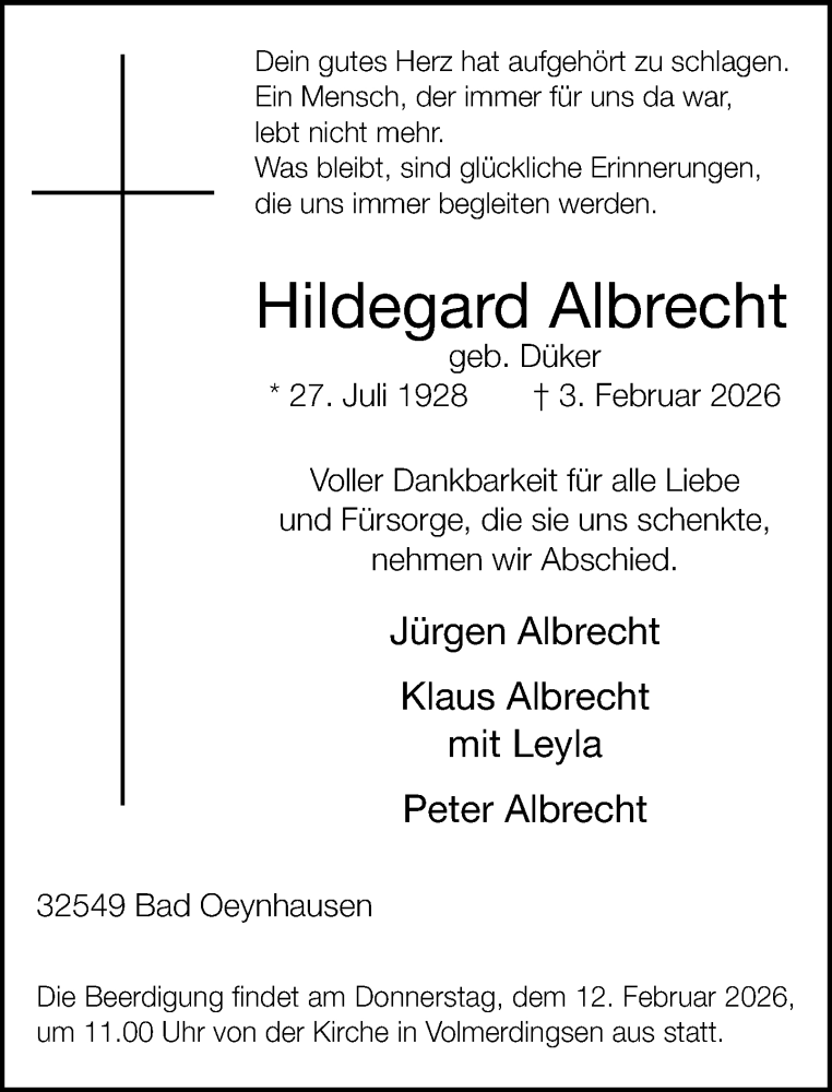  Traueranzeige für Hildegard Albrecht vom 07.02.2026 aus Neue Westfälische und Westfalen-Blatt