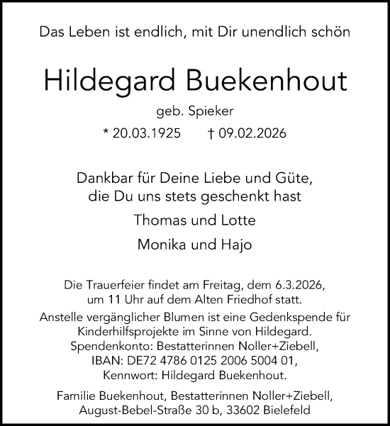 Traueranzeige von Hildegard Buekenhout von Neue Westfälische und Westfalen-Blatt