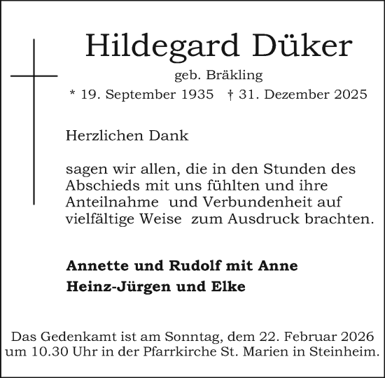 Traueranzeige von Hildegard Düker von Neue Westfälische und Westfalen-Blatt