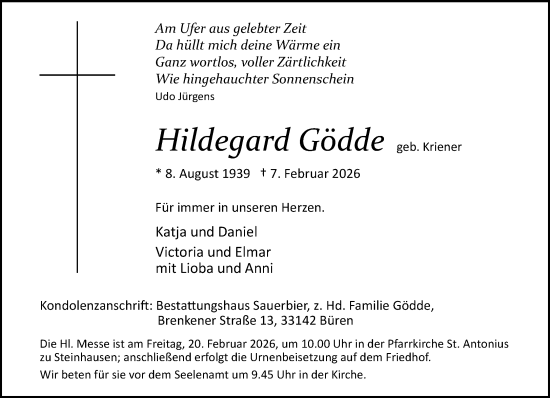 Traueranzeige von Hildegard Gödde von Neue Westfälische und Westfalen-Blatt