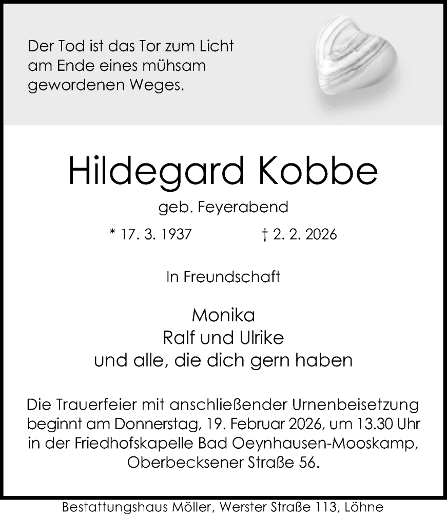  Traueranzeige für Hildegard Kobbe vom 14.02.2026 aus Neue Westfälische und Westfalen-Blatt