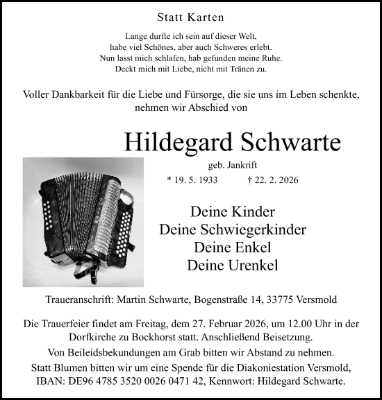 Traueranzeige von Hildegard Schwarte von Neue Westfälische und Westfalen-Blatt