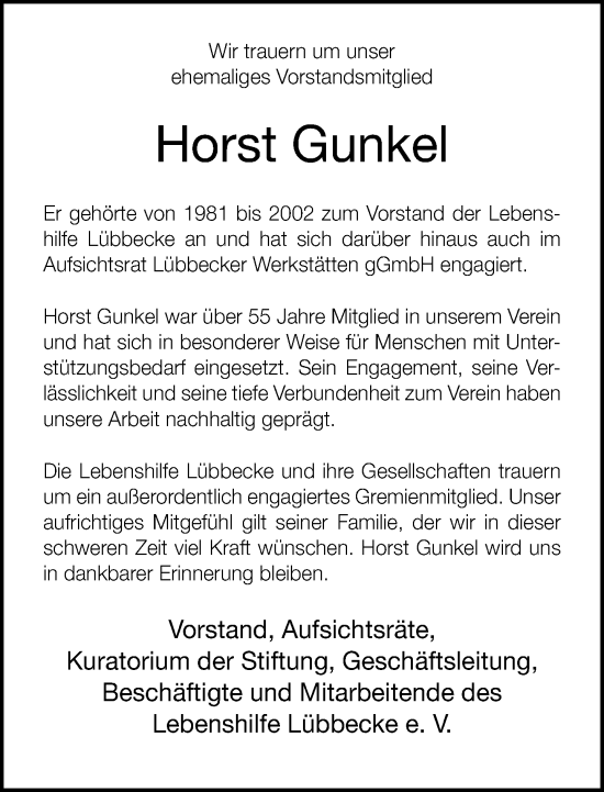 Traueranzeige von Horst Gunkel von Neue Westfälische und Westfalen-Blatt