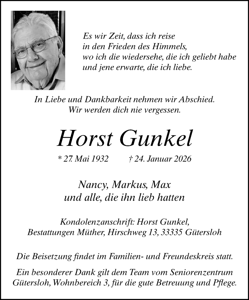  Traueranzeige für Horst Gunkel vom 07.02.2026 aus Neue Westfälische und Westfalen-Blatt