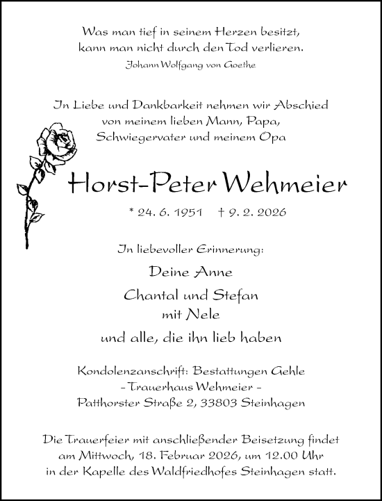 Traueranzeige von Horst-Peter Wehmeier von Neue Westfälische und Westfalen-Blatt