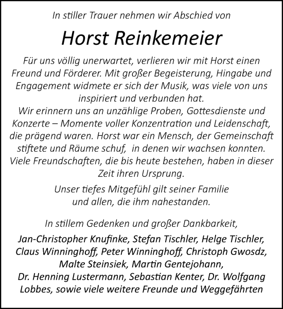 Traueranzeige von Horst Reinkemeier von Neue Westfälische und Westfalen-Blatt