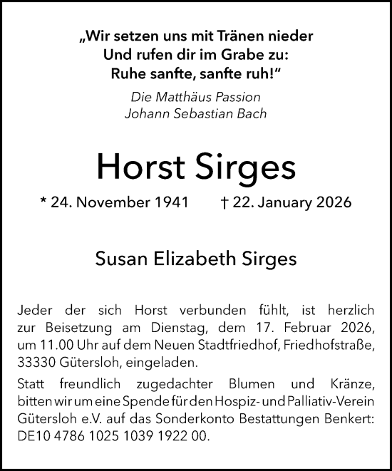 Traueranzeige von Horst Sirges von Neue Westfälische und Westfalen-Blatt