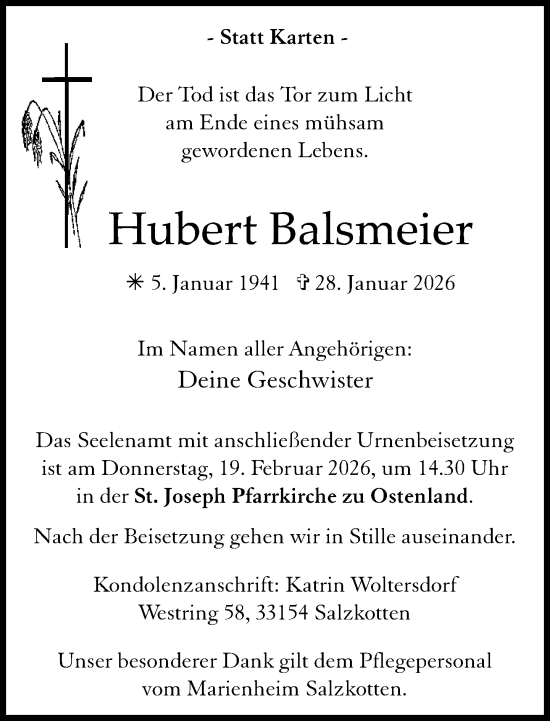 Traueranzeige von Hubert Balsmeier von Neue Westfälische und Westfalen-Blatt